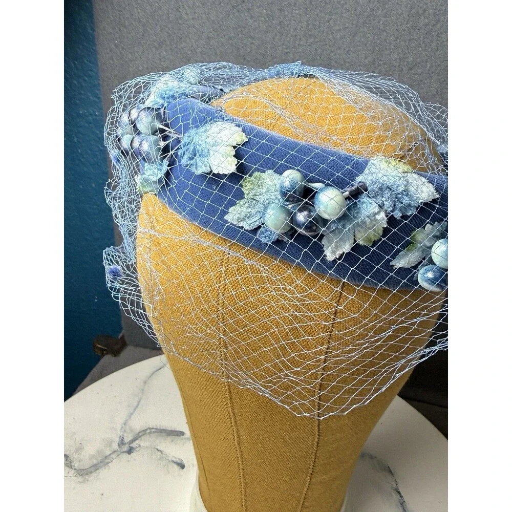 Vintage 1950s Royal Blue Velvet Pillbox Hat Birdcage Veil Floral Beaded Union US
